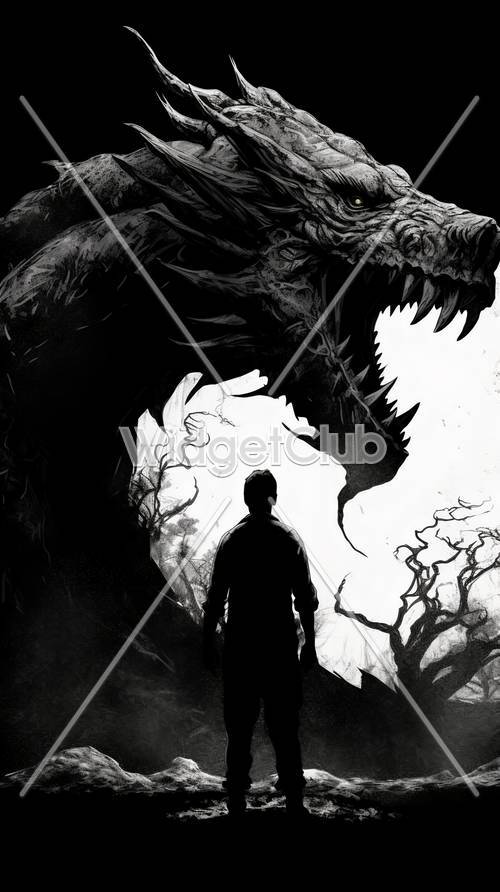 Mysterious Monster and Hero in Black and White Art