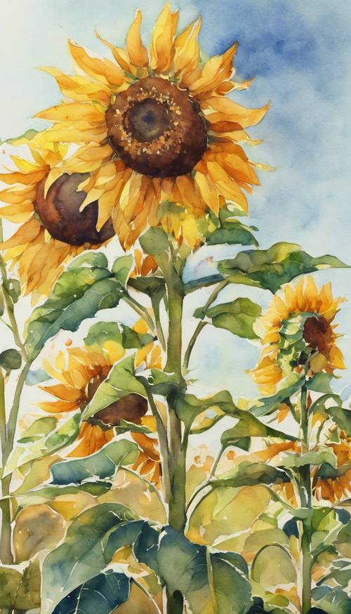 A watercolor painting depicting a field of blooming sunflowers on a sunny afternoon. Тапет [6f4120c2176841afaeb7]