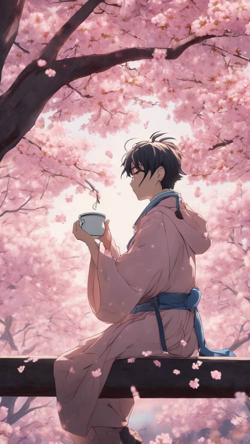 An anime character sipping tea under the canopy of a cherry blossom tree.