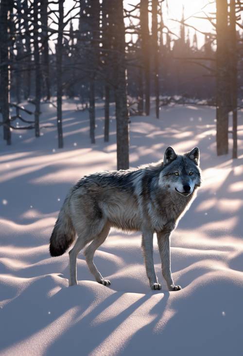 Un lobo gris en 3D acechando a su presa en la tundra helada bajo la luz de la luna.