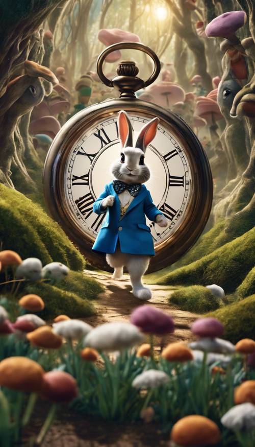 Alice following a smartly dressed, pocket-watch wielding White Rabbit down a rabbit hole in Alice in Wonderland".