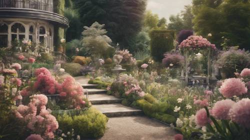 一幅花园素描，花园里盛开着维多利亚时代风格的鲜花。