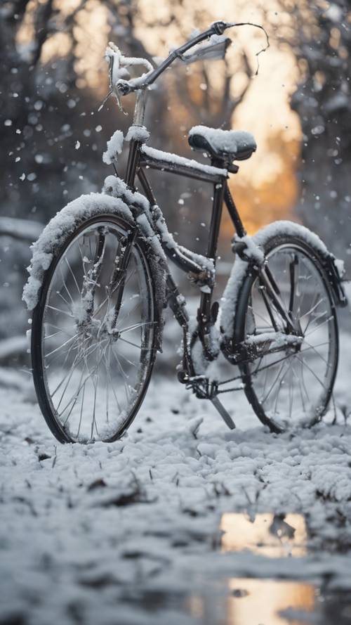 Flocos de neve caindo em uma bicicleta deixada no frio.