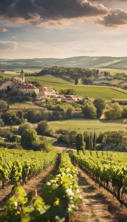 A sprawling mural showcasing an overview of the picturesque French wine countryside.