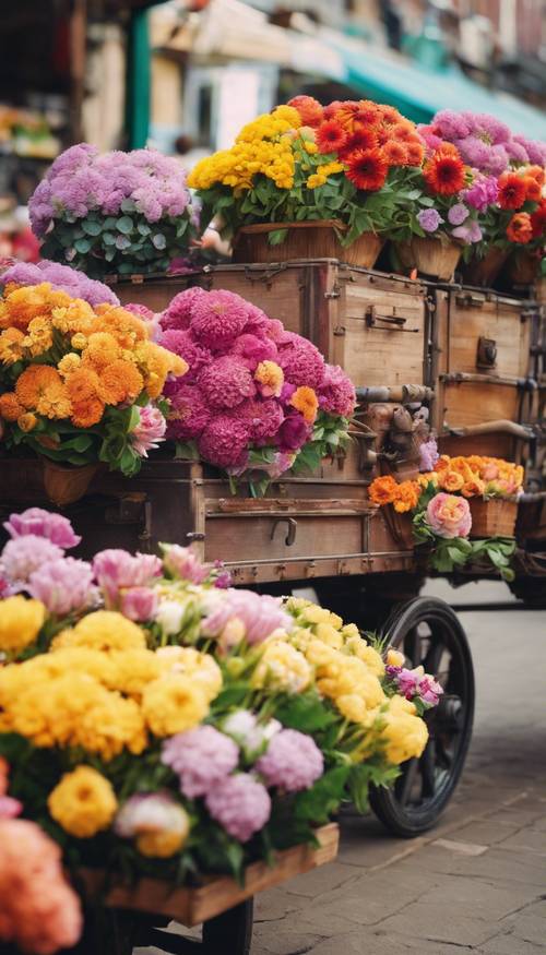 朝の賑やかな市場で、色とりどりの花が積まれた農家の荷馬車