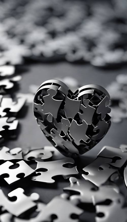 A heart made from glossy black and matte gray sections, interlocked like a puzzle. Tapetai [68da6fe31b08401a8d76]