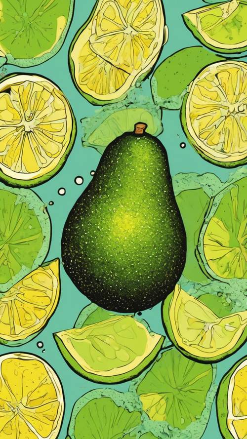 An 80's inspired pop-art style image of a sprinkling of lemon on a freshly cut avocado.