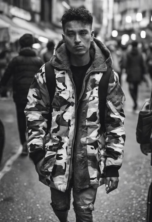 A crowded street scene with a person wearing a black and white camo jacket.
