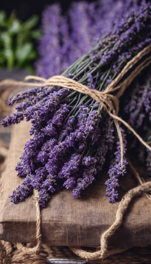Bunches of freshly cut purple lavender tied together with a handmade woven straw band. Tapet [f81ca78aec564a81bcaa]