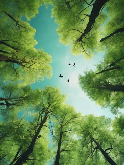 从头顶飞过的鸟儿的角度看绿色森林的迷人景色。