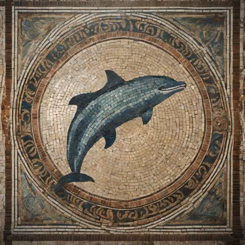 An ancient mosaic tiled floor depicting a magical transformation of a young woman into a dolphin in a Roman bathhouse.