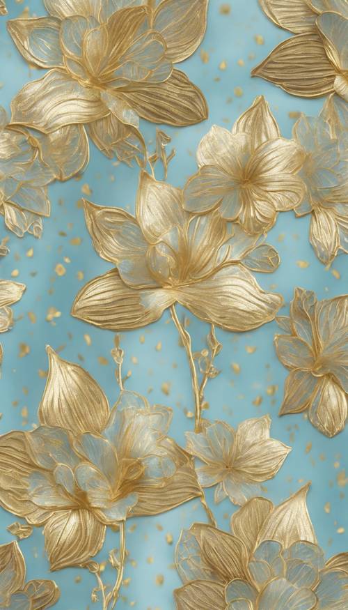 Repeated floral motifs in a rich shimmery gold on a background of soft baby blue.
