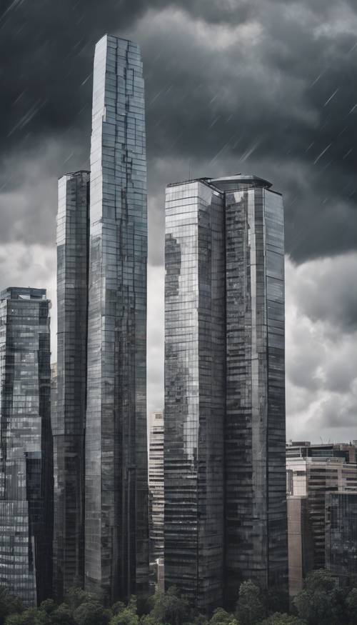 由反光現代灰色玻璃製成的摩天大樓高聳在暴風雨的天空中。
