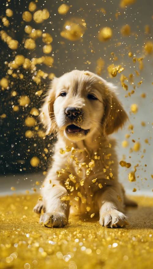 一隻金毛小狗在黃色閃光中快樂地打滾。