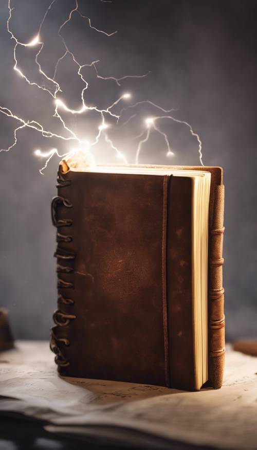A small leather-bound notebook under the glow of white lightning. Tapéta [f57697c43ff34c529153]