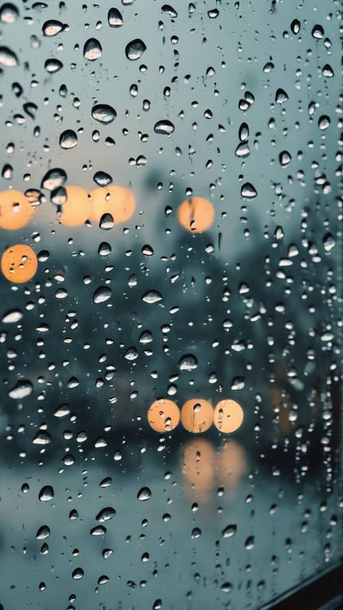 قطرات المطر تضرب زجاج النافذة في يوم كئيب.