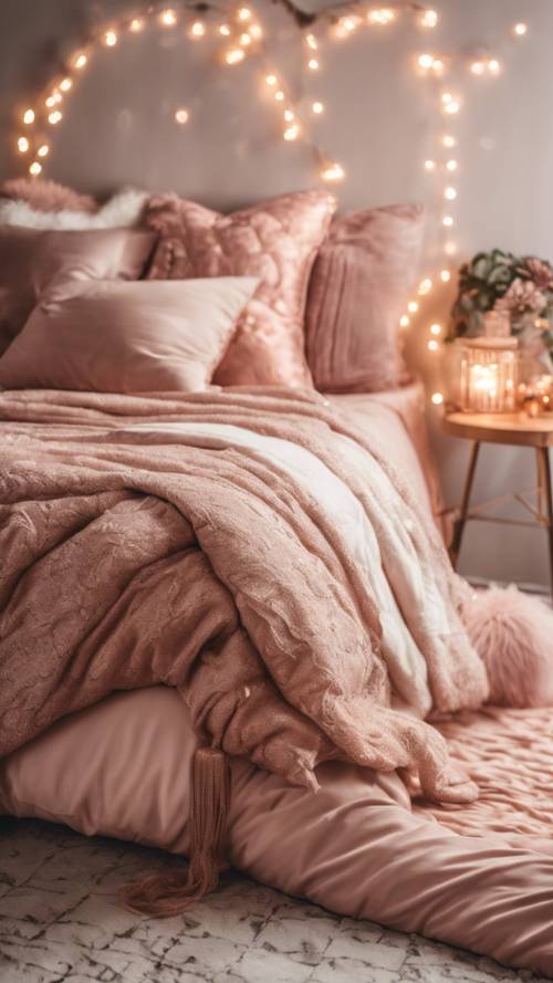 A rose gold themed bohemian style bedroom with fairy lights and soft fluffy cushions.