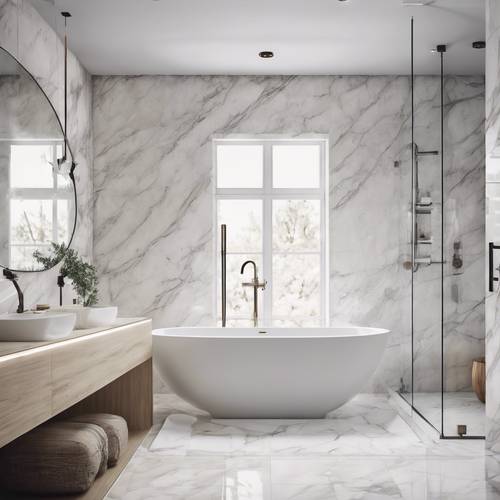 A modern, white marble bathroom with a spacious tub and glass shower enclosure.