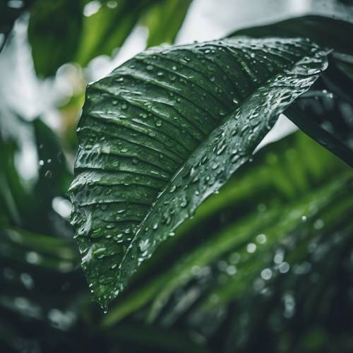 Una vista verticale di una foglia tropicale bagnata dalla pioggia.