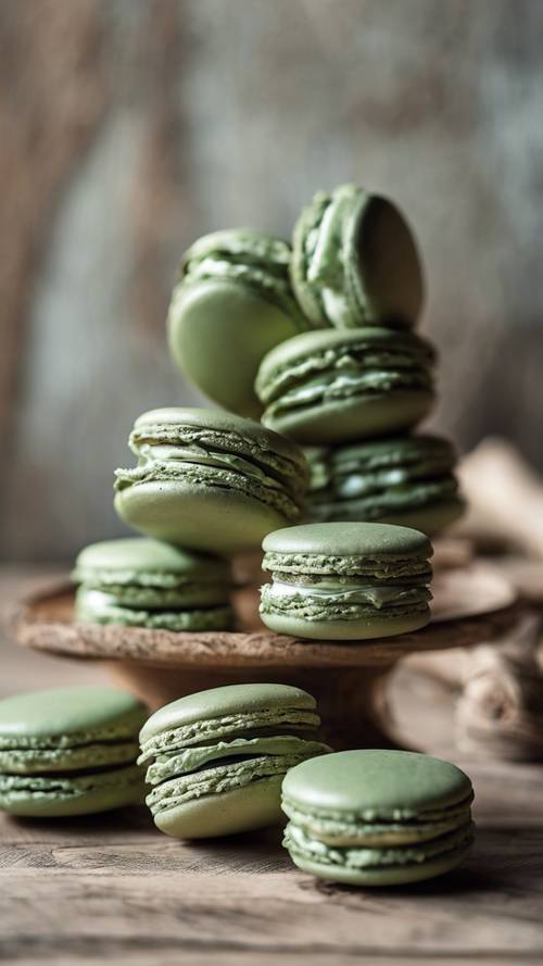 A group of sage green macarons displayed elegantly on a rustic wooden table. Tapeta [f3e7f964aad1466c8ec1]
