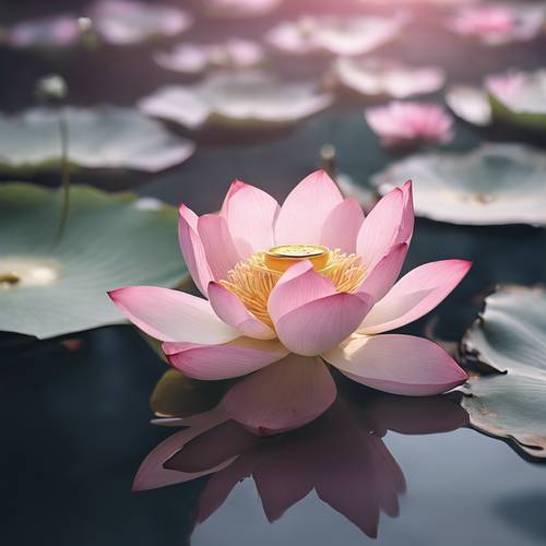 A lone lotus flower floating on a tranquil pond, its delicate pink petals opening to the world.