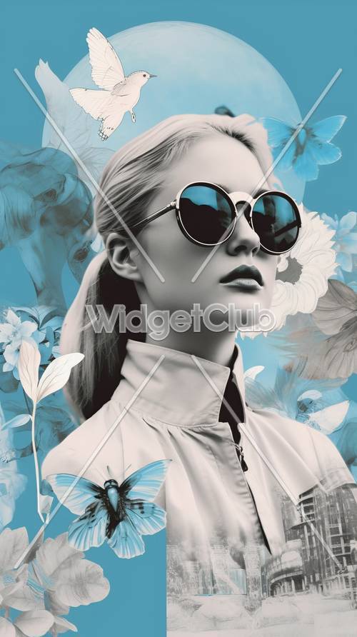 Gafas de sol elegantes y arte floral azul
