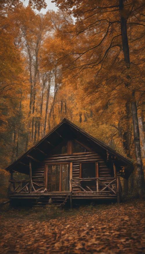 Sonbaharda yoğun bir ormanın kalbinde rustik bir ahşap kulübe.