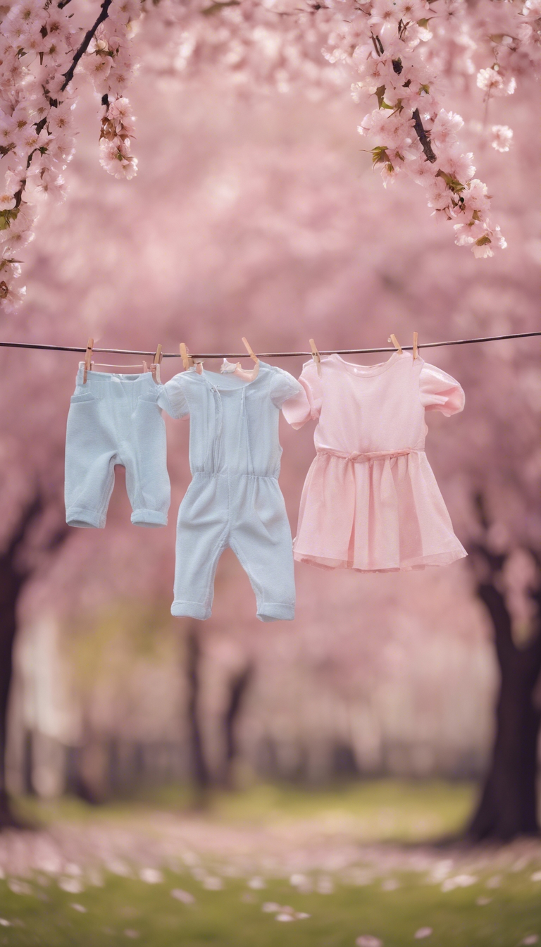 Baby girl's clothes hung on a line against a background of pink cherry blossom trees. Tapeta[2690fb2d5b294152a1bc]