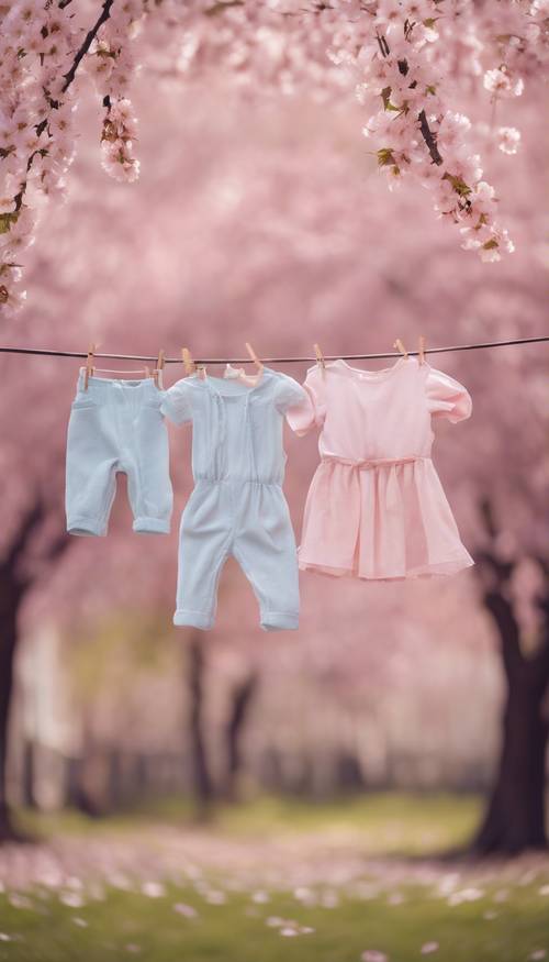 Baby girl's clothes hung on a line against a background of pink cherry blossom trees.