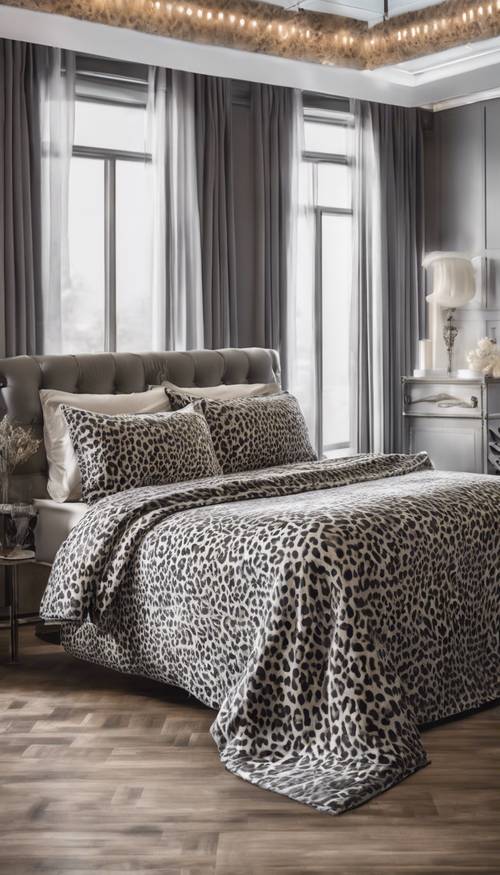 A chic queen-sized bedspread featuring gray leopard print.