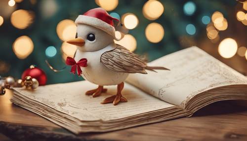 Ein Vintage-Bild im Postkartenstil mit einem süßen Kawaii-Vogel, der eine Schriftrolle mit Weihnachtswünschen überbringt.