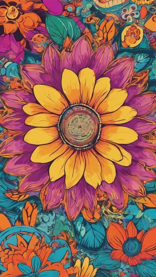 Um pôster vibrante de flower power dos anos 70 com cores fortes e padrões psicodélicos