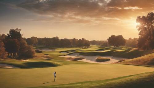 غروب الشمس الدافئ والمشرق فوق ملعب جولف مشذب بشكل مثالي، ولاعبي الجولف المستعدين على مسافة.
