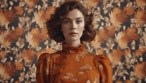 一位身穿深橙色复古连衣裙的女士肖像，站在秋叶图案的墙纸前。