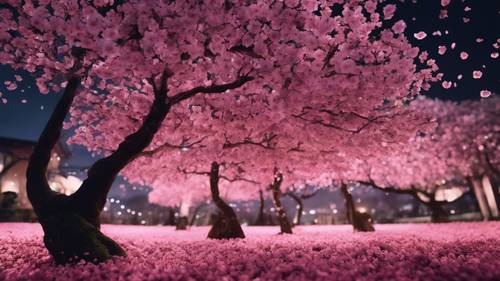 Pemandangan dari bawah pohon sakura yang semarak, kelopak bunga berkibar dengan latar belakang malam yang gelap dan damai.