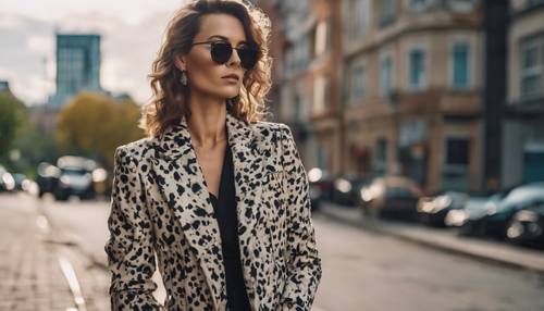 A chic woman wearing a cow print blazer, standing against urban backdrop.