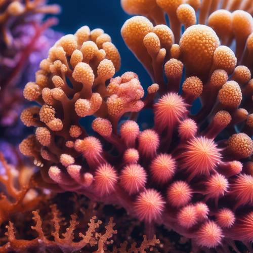 A macro view of a coral pattern, highlighting the vibrant and diverse ecosystem within. Tapet [6c8f1ff79af747b7bf08]