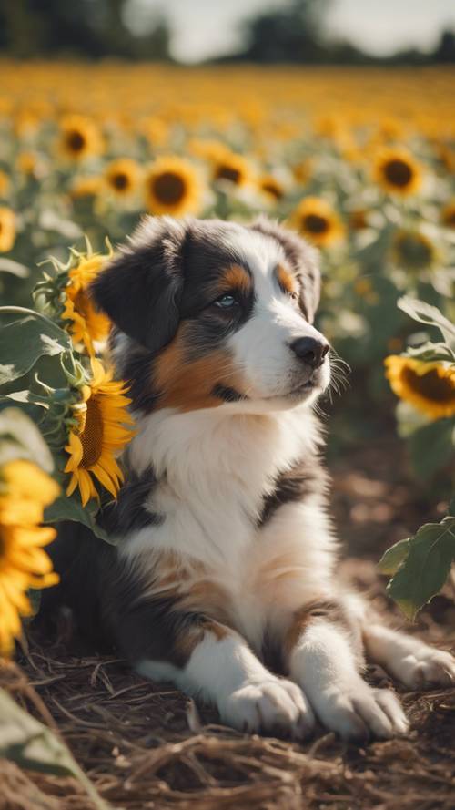 An Australian Shepard puppy dozing off in the field of blooming sunflowers under the summer sun.