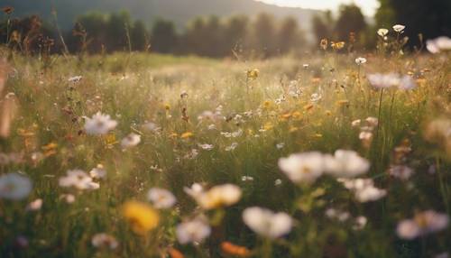 Zalana słońcem łąka wypełniona dzikimi kwiatami kołyszącymi się na delikatnym wietrze.