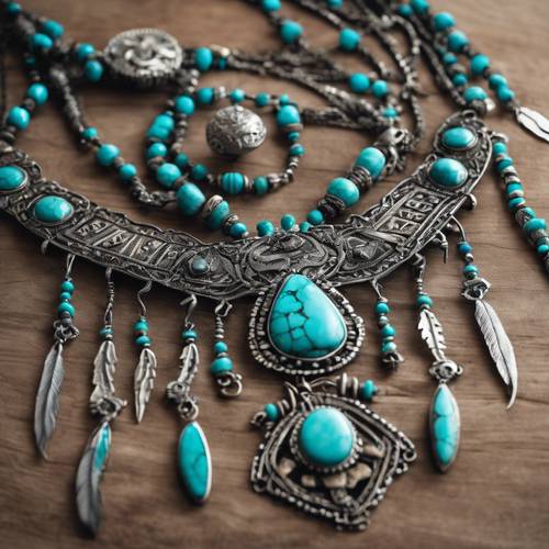 An intricate necklace laid out, crafted in a boho western style with turquoise stones and oxidized silver