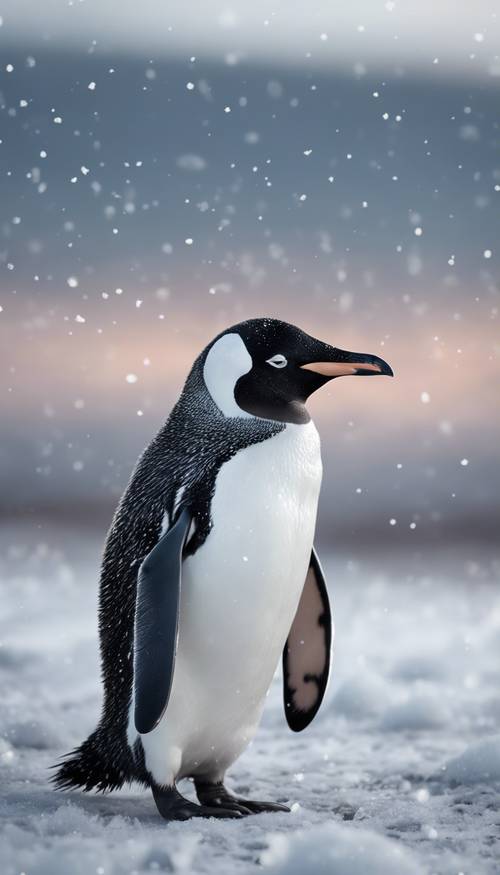 A somber-looking penguin, snowflakes softly landing on its black feathers, alone in the middle of a frosty plain.