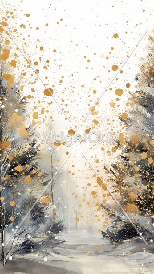 Salpicaduras doradas en una escena de bosque invernal