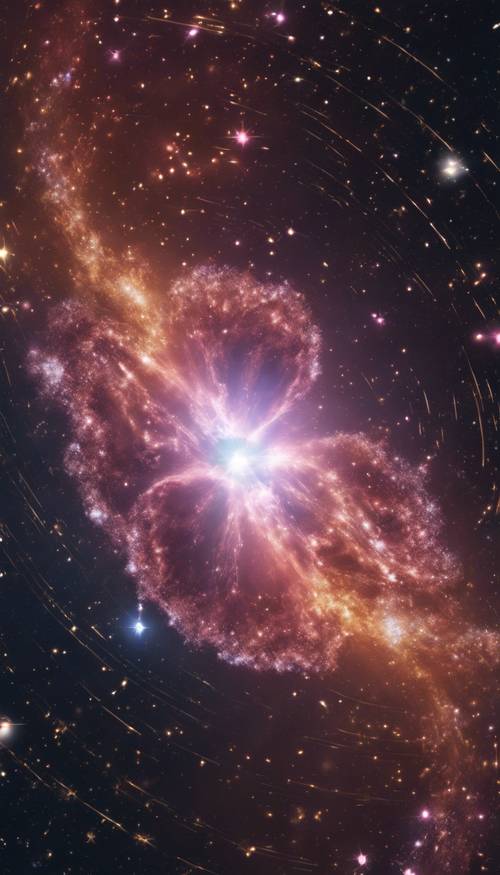 A glimmering star, radiating light against the backdrop of a swirling galactic nebula. Tapet [a3327b5a89ed435d9014]