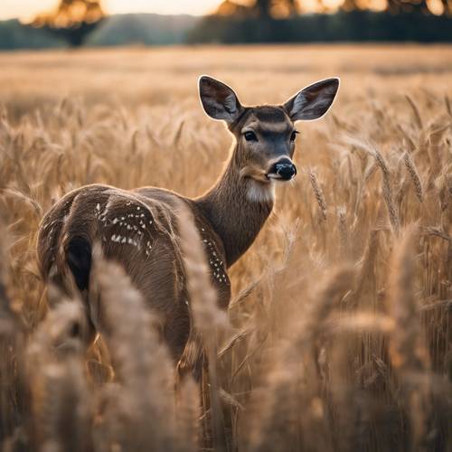 A camouflaged deer in a field of tall wheat just as the sun begins to set.