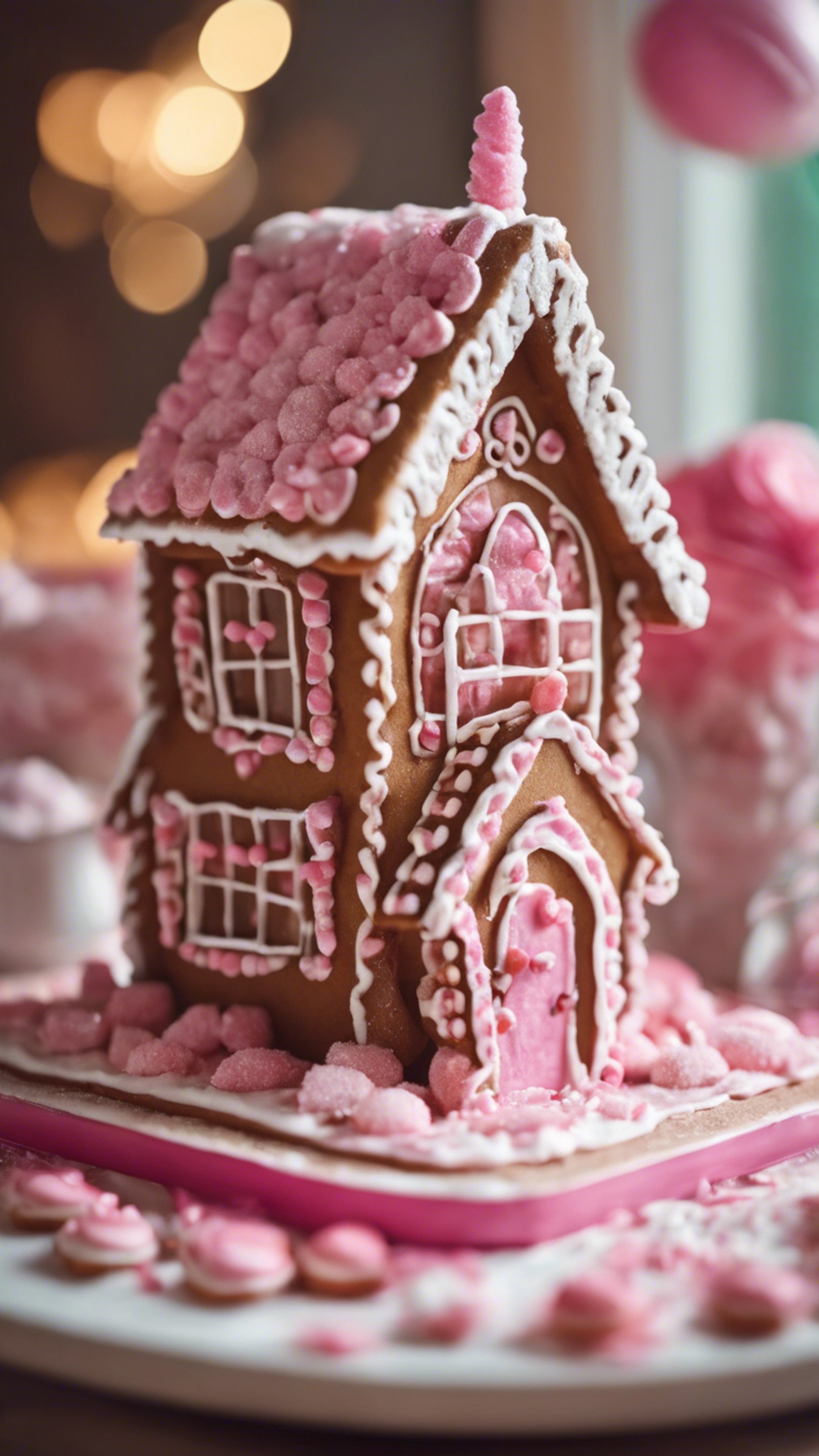 A cute gingerbread house adorned with pink icing and candy. Tapetai[80166f7992434f38b590]