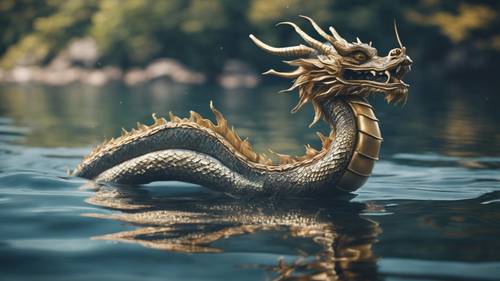 A serene Japanese dragon floating lazily over the calm seas.