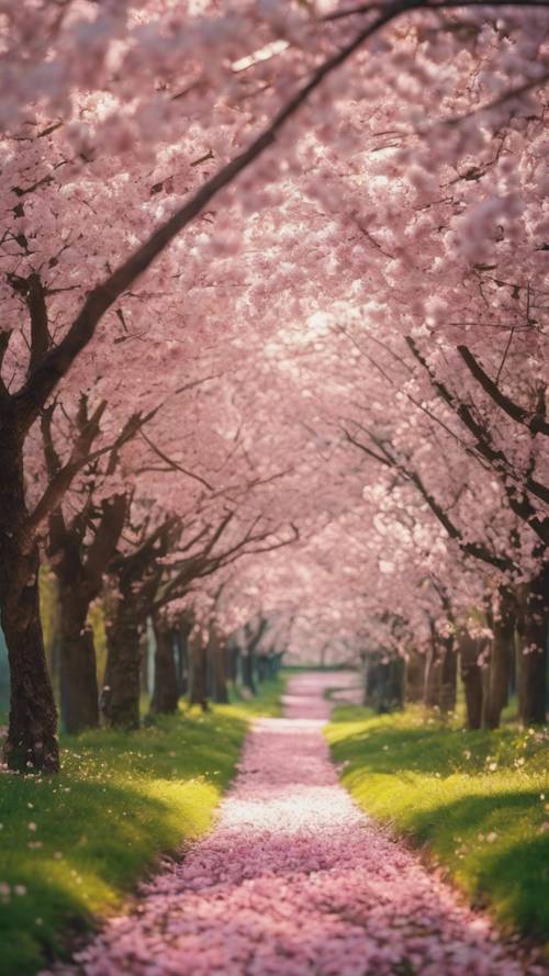 A narrow spring forest path carpeted with freshly fallen cherry blossom petals, sunbeams peeking through the trees.