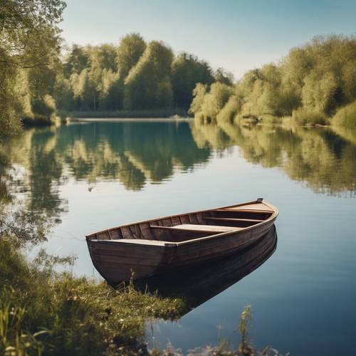 Одинокая деревянная весельная лодка плавно плывет по мирному кристально чистому озеру на фоне спокойного голубого неба.