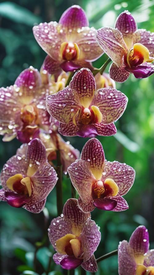 Una vibrante colección de orquídeas tropicales que brillan bajo el rocío de la mañana en una exuberante selva tropical.