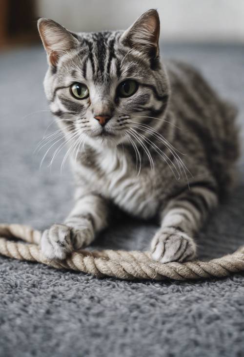 Un gato atigrado plateado sobre una alfombra gris, jugando con una cuerda anudada.